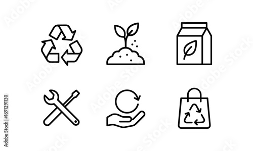 Eco icons set: recycle, planting, and sustainable tools in minimalist line art
