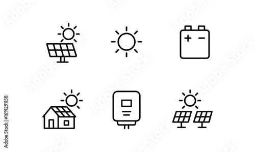 Solar energy icons set with simple linear design for sustainable living