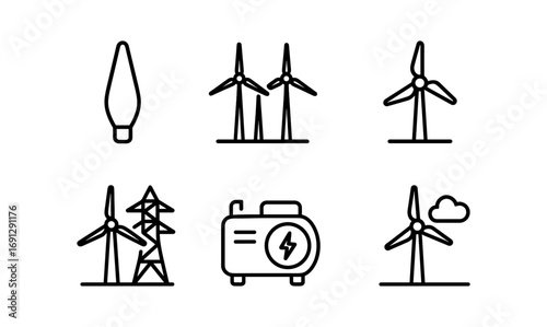 Linear icons of wind turbines and power generation elements for renewable energy concepts