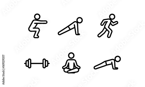 Minimalist fitness icons: exercises, yoga, and weightlifting in line art