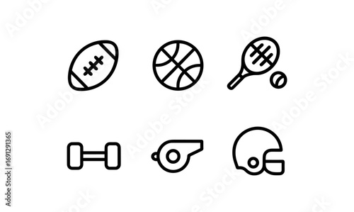 Minimal sports icon set featuring ball games and equipment