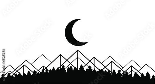 Serene crescent moon shines over a stylized forest and mountain landscape at night.