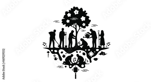 Diverse community tending to a flourishing tree, symbolizing growth and environmental care.