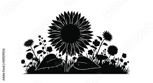 Silhouetted sunflower and wildflowers bloom vibrantly against a bright backdrop.