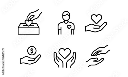 Charity and donation icons: linear design of hands, hearts, and giving