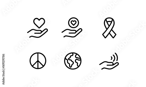 Minimalist icons of compassion: heart, awareness, peace, earth, care