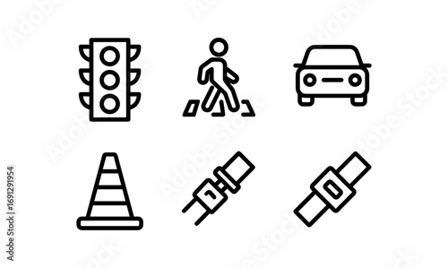 Traffic safety linear icons: signals, pedestrian, car, cone, seatbelt