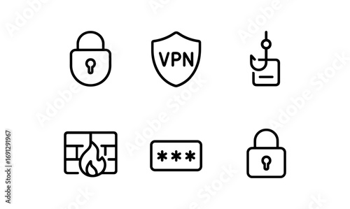 Cybersecurity icons set featuring firewall, vpn, password, lock, and phishing in linear style