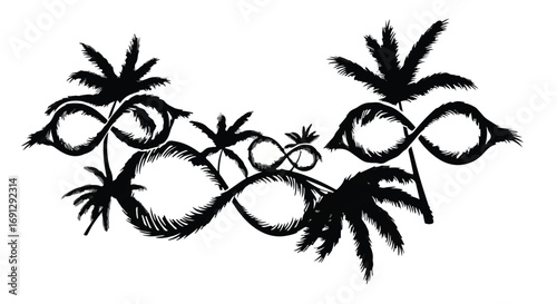 Stylized infinity symbol intertwined with palm trees, symbolizing eternal summer and tropical paradise.