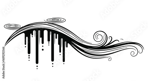 Abstract black ink flow with artistic swirls and drips, evoking a sense of fluid motion and creative expression.