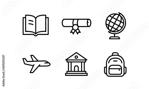 Minimalist education and travel icons: book, diploma, globe, airplane, building, backpack