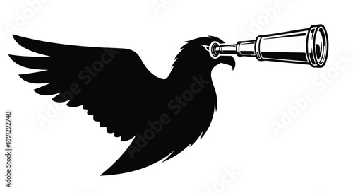 Silhouette of a bird with outstretched wings looking through a telescope, symbolizing vision and discovery.