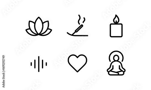 Minimal wellness icons: meditation, candle, heart, zen, and tranquility symbols