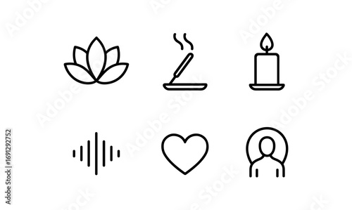 Minimalist wellness icons: lotus, incense, candle, soundwave, heart, meditation