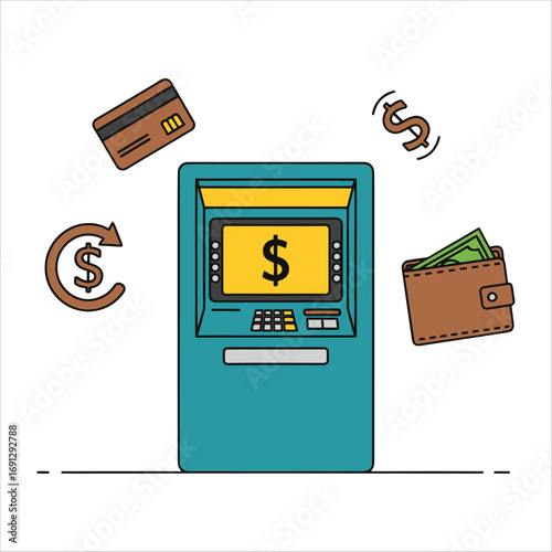 ATM Machine with Credit Card Wallet Dollar Symbols and Currency Exchange Icon Keywords ATM, automated teller machine, credit card, wallet, dollar sign, currency exchange, money