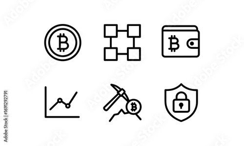 Cryptocurrency symbols: blockchain, mining, and security icons in linear style