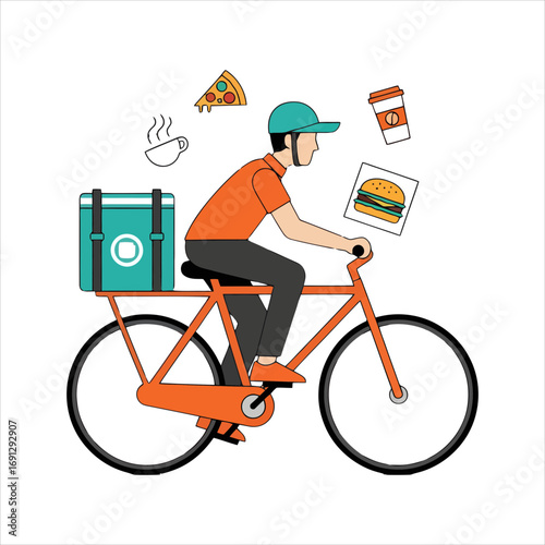 Food Delivery Person Riding Bicycle with Insulated Bag and Floating Food Items Keywords food delivery, bicycle, courier, delivery service, insulated bag, pizza, coffee, burger, fast