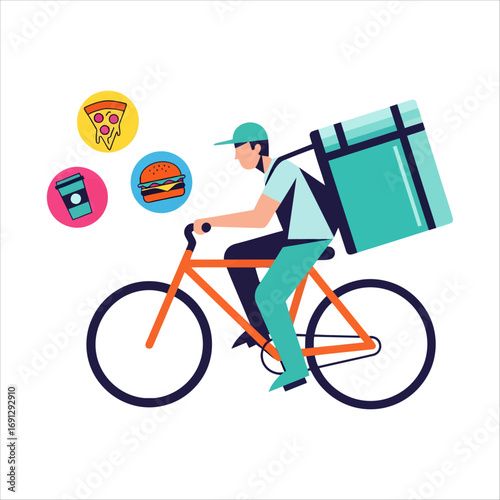 Food Delivery Person Riding Bicycle with Insulated Bag and Food Icons Keywords food delivery, bicycle, delivery man, insulated bag, pizza, burger, coffee cup, delivery service