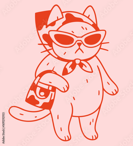 Trendy stylish cat with sunglasses, scarf and handbag, fashionable kitty on pink background, glamorous pet