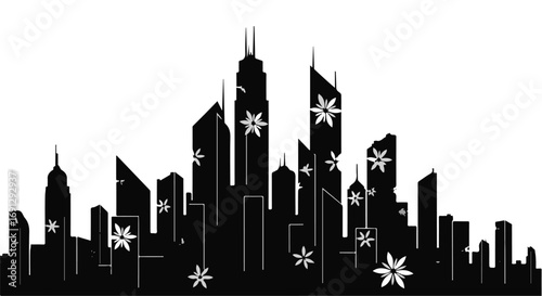 Stylized cityscape silhouette adorned with decorative floral elements against a bright background.