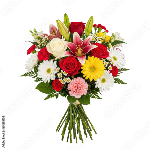 A colorful bouquet of roses, lilies, daisies, and carnations.