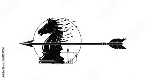 Strategic chess knight dissolving into flock of birds with arrow piercing through.