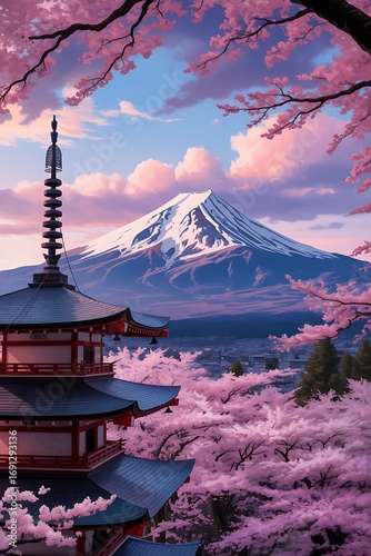 Majestic Mount Fuji with Cherry Blossoms and Pagoda Serene Japanese Landscape Scene Digital Art