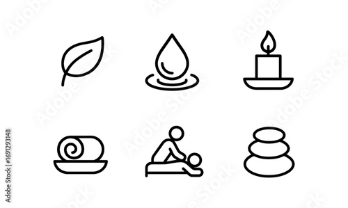 Minimalist spa icons set featuring wellness symbols and relaxation elements
