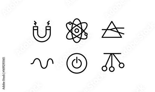 Minimalist science and technology icons set featuring energy, physics, and power