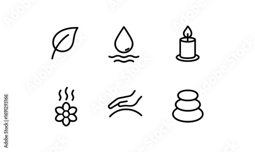 Simple spa and wellness icons with leaf, water, and candle elements