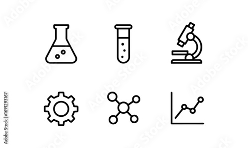 Science icon collection: linear style lab equipment and molecular designs