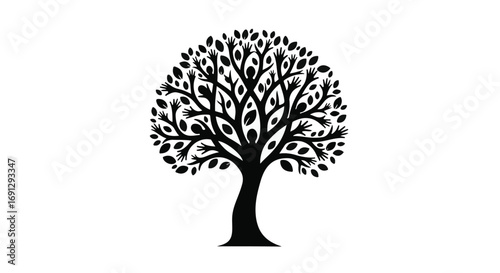 Stylized black silhouette of a flourishing tree with intricate branches and abundant leaves on a white background.