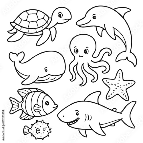 Charming Sea Animals Coloring Page Featuring a Happy Turtle, Playful Dolphin, Cute Whale, Smiling Octopus, Striped Fish, Spiky Pufferfish, Grinning Shark, and Starfish Outlines for Kids' Fun & Creativ