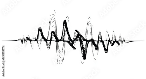 Abstract sound wave visualization in black and white, representing audio signals and digital music