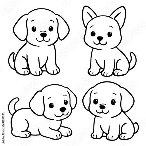 Adorable Collection of Cute Puppy Line Art Illustrations, Perfect for Kids' Coloring Pages and Simple Craft Projects. Featuring Four Happy Cartoon Dogs in Various Poses, Ideal for Creative Fun & Easy 