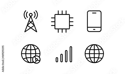 Minimalist technology icon set featuring communication and network symbols