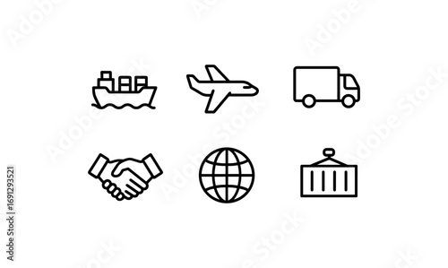Global transportation icons: linear illustrations of shipping, aviation, and logistics