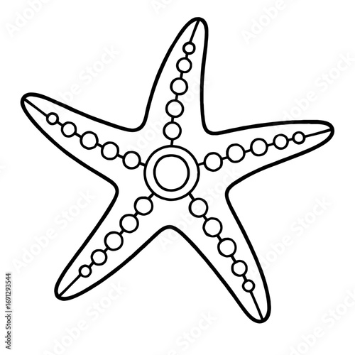 Black and white line art of a five-armed starfish, or sea star, with distinct circular patterns along each limb and a central ring. This versatile illustration is perfect for coloring, marine educatio