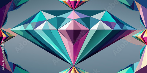 Geometric diamond pattern with teal and pink hues reflecting on a gray surface background design art