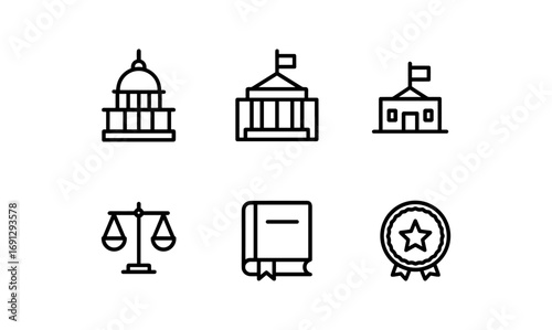 Minimalist government and law icons: capitol, courthouse, balance scale, book, badge