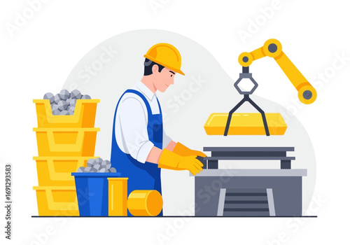 Factory worker in a helmet collaborating with a robotic arm on a production line for metallurgy processing vector illustration concept