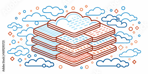 Isometric stacked platforms with cloud patterns and floating geometric shapes in a stylized design
