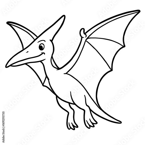 Captivating cartoon pterodactyl soaring gracefully with a friendly smile, ready for creative coloring adventures. This charming prehistoric flying dinosaur outline offers endless fun for children's ar