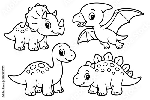 Cute dinosaur coloring page featuring Triceratops, Pterodactyl, Brontosaurus, Stegosaurus outlines for kids. Educational prehistoric activity sheet, printable, perfect for young artists, toddlers, and