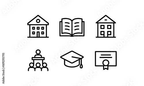 Minimalist education icons set featuring school, book, and graduation symbols