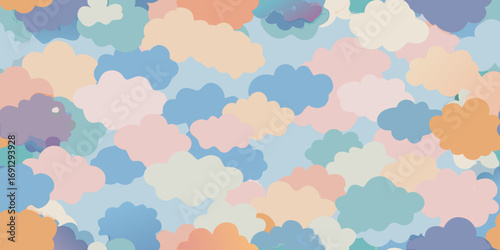 Pastel cloudscape pattern with blue pink and orange clouds in a whimsical and dreamy arrangement style