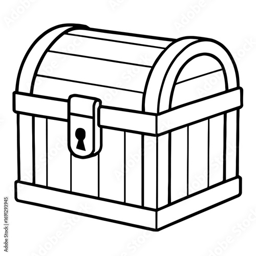 A detailed black and white outline vector drawing depicting a classic wooden treasure chest with a rounded lid and a distinctive keyhole. Perfect for coloring books, pirate-themed art, game assets, ed