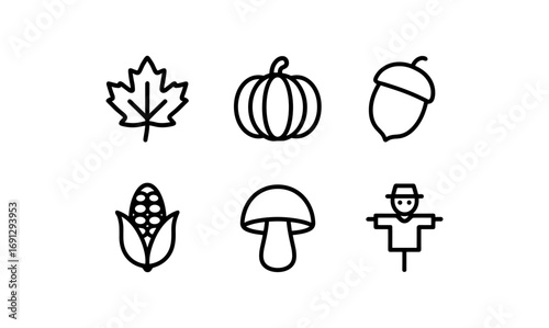 Simple autumn icons set featuring leaf, pumpkin, acorn, corn, mushroom, and scarecrow