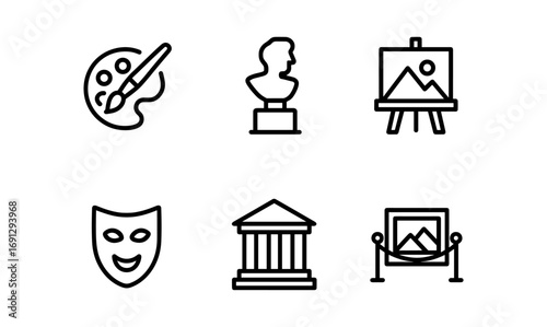 Artistic icons collection highlighting painting, sculpture, and theater in minimalist line style