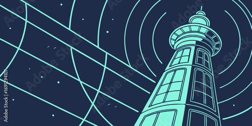Illustration of a tall tower with windows and antenna against a dark blue background with light blue lines
